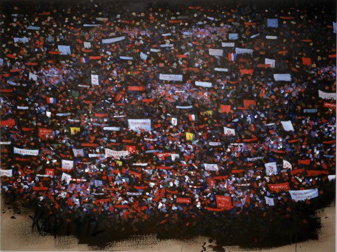 painting of a huge crowd of football fans