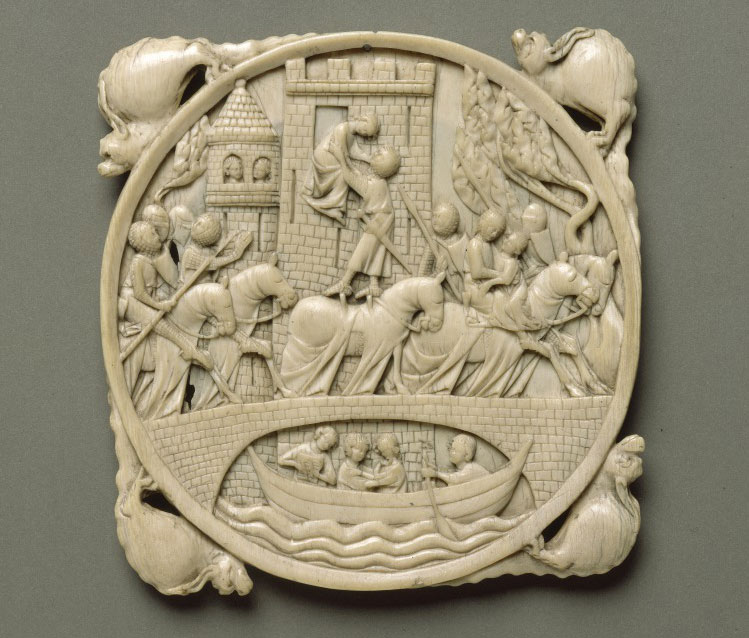 ivory mirror case carved with a scene of a woman escaping a tower