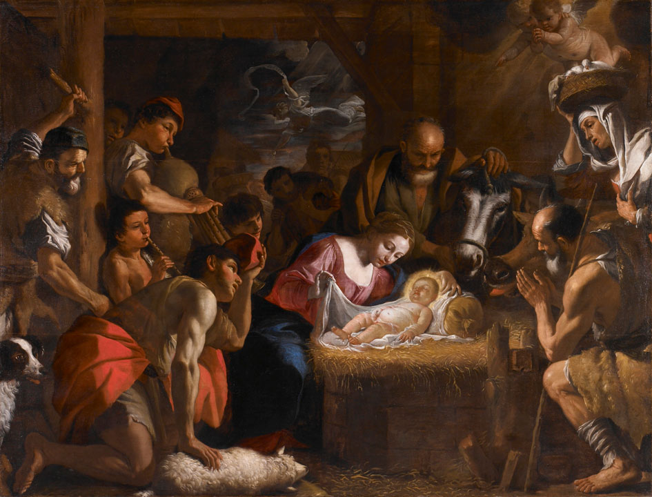 nativity scene with Mary and baby Jesus surrounded by people, farm animals and an angel
