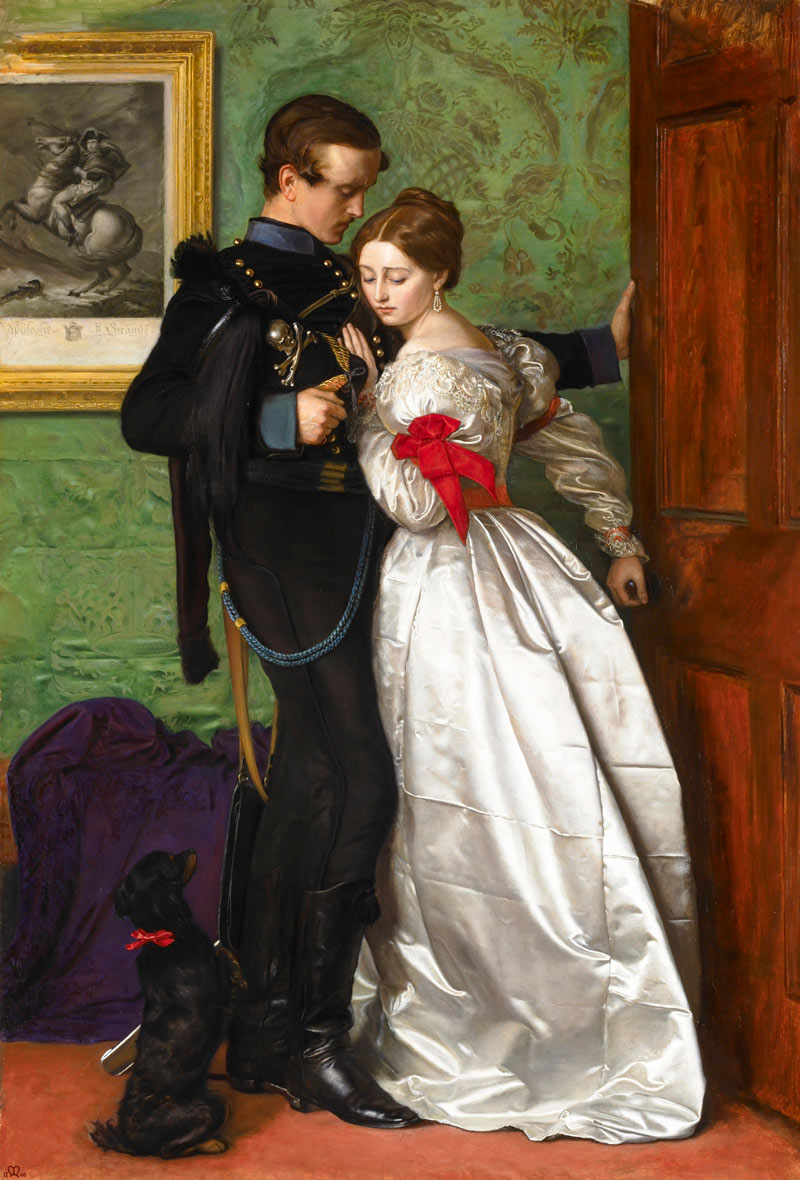 woman embracing a soldier, who has his hand on the door, about to leave