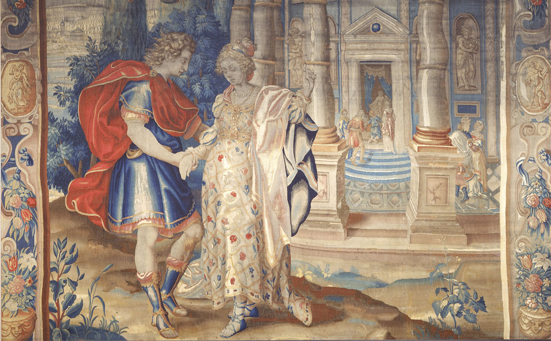 tapestry scene with a knight and a lady outside a building with classical columns