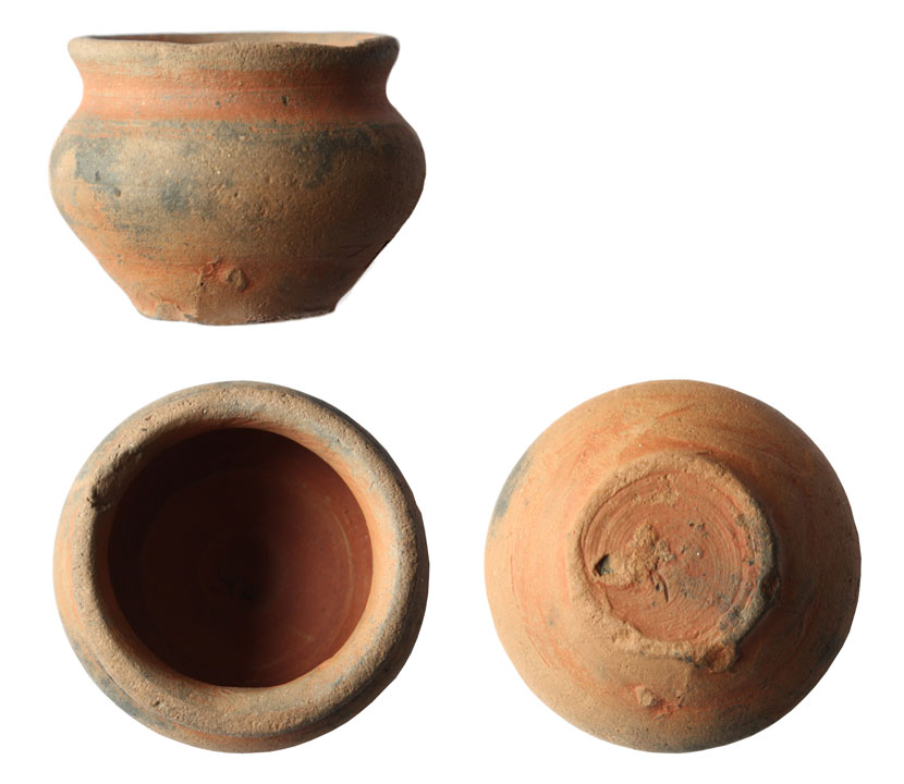 top, side and bottom views of earthenware jar