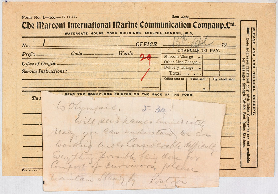 Telegram from Captain Rostron about Titanic survivors