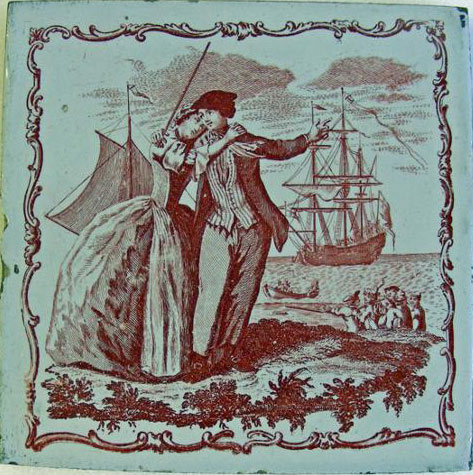 woman clinging to a sailor on the shore, with sailing ships in the background