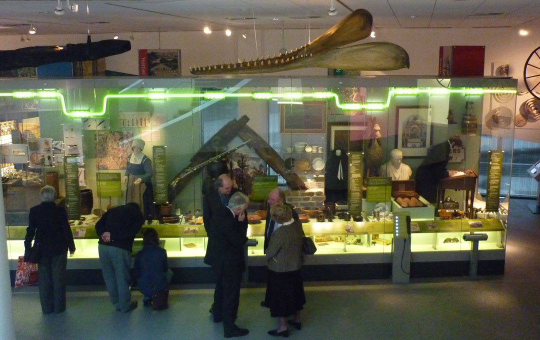huge whale jawbone hanging above museum display