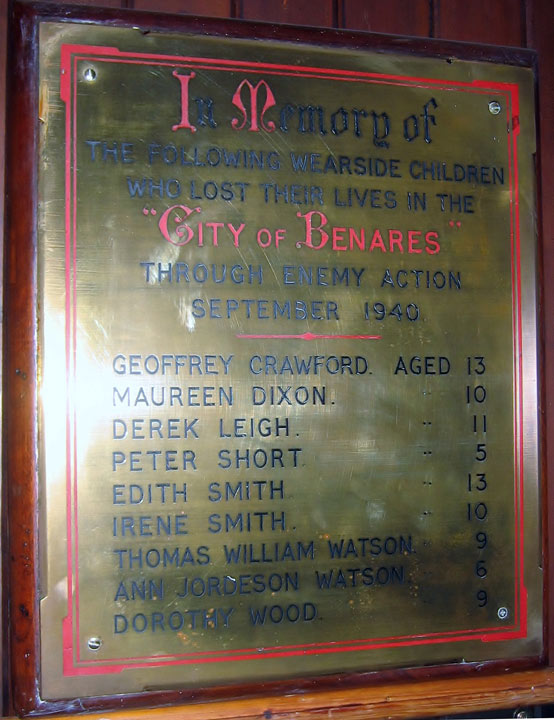 Brass plaque with text: In Memory of the following Wearside children who lost their lives in the 'City of Benares'  through enemy action September 1940, w9 names of children and their ages, from 5 to 13