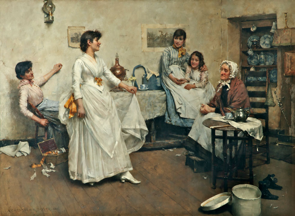 women in a cottage watching a woman swirling round in a new white dress