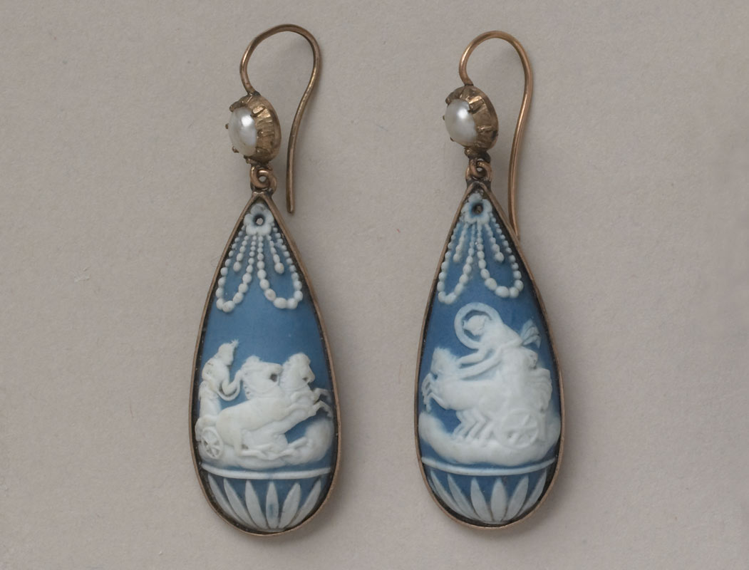 droplet shaped blue Wedgwood earrings decorated with a figure in a chariot on each
