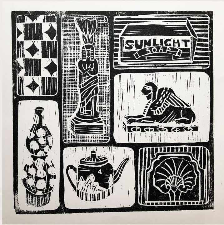 wood block print featuring objects and design details found in the Lady Lever Art Gallery