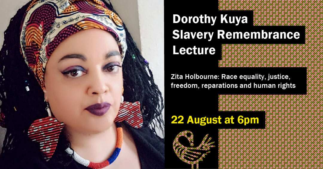 promotional image for Zita Holbourne lecture, featuring kente cloth design